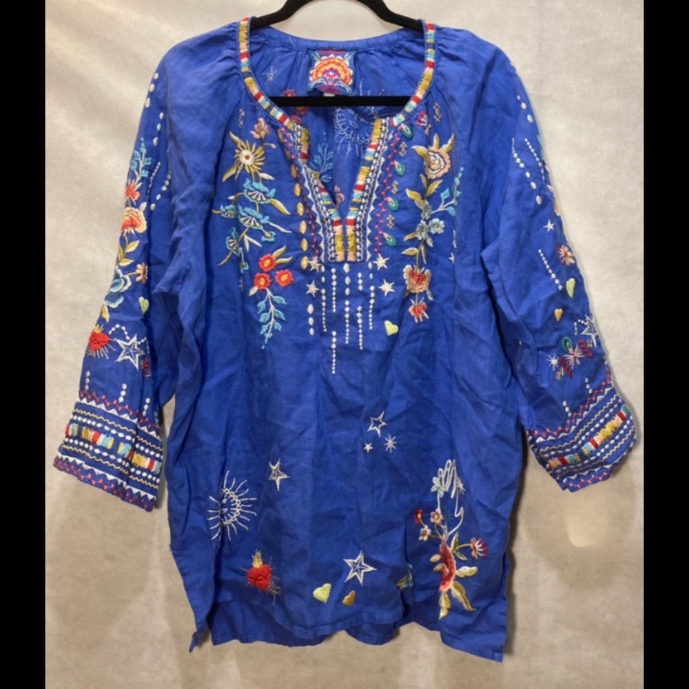 Johnny Was Royal Blue Embroidered Tunic with Multicolor Floral Accents